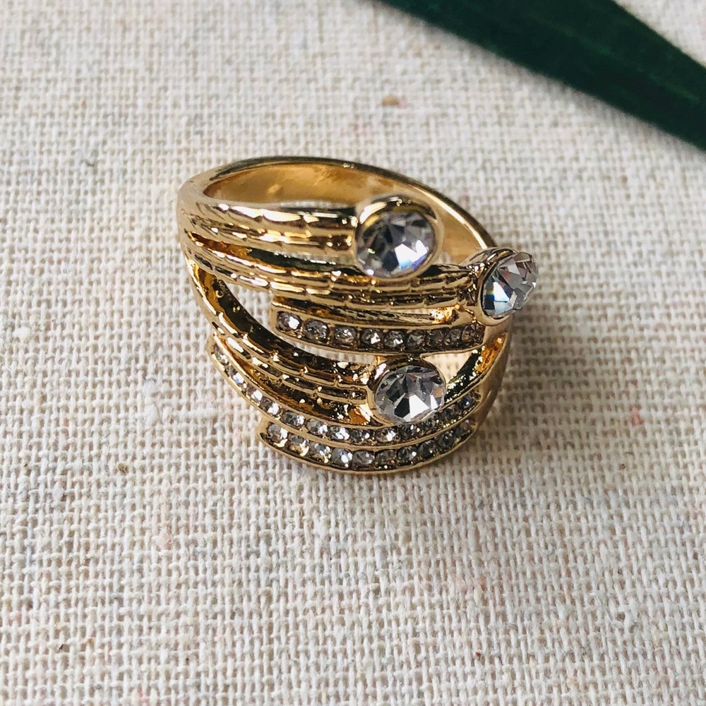 Gold Stacked Ring Rhinestones Intertwined NEW